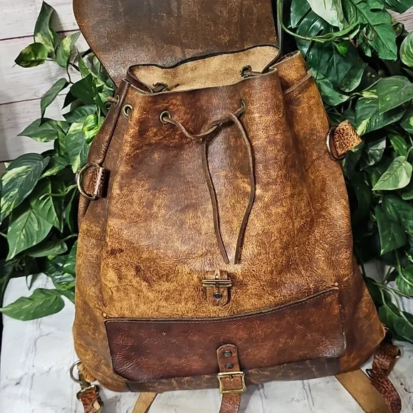 Vintage 1970s Leather Flap Closure Drawstring BackpackDay Backpack Carry On